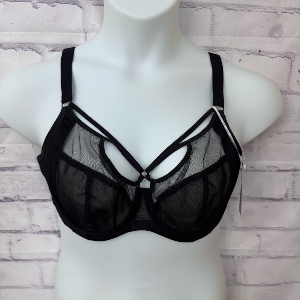 Elomi Sachi Plunge Bra Underwire Unlined Sexy Black USA 38DDD Strappy Sheer New‎
